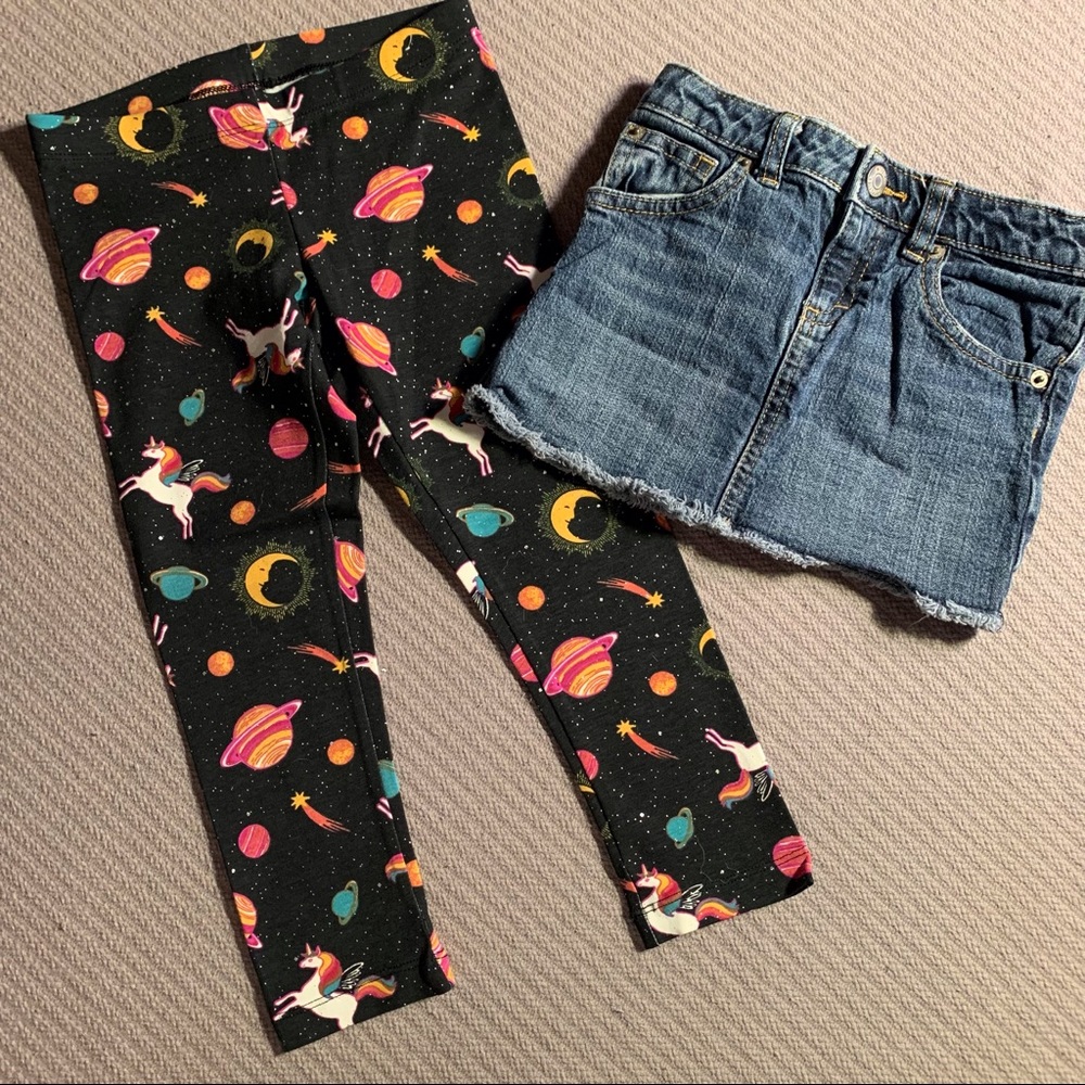 NWOT/EUC Bottoms: Unicorn Leggings & Mossimo Jeans Skirt, Distressed Hem